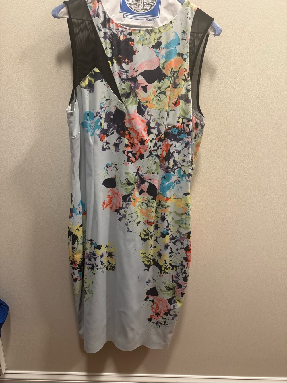 Karen Millen Pale Blue Floral Print Mesh Pencil Sheath Dress